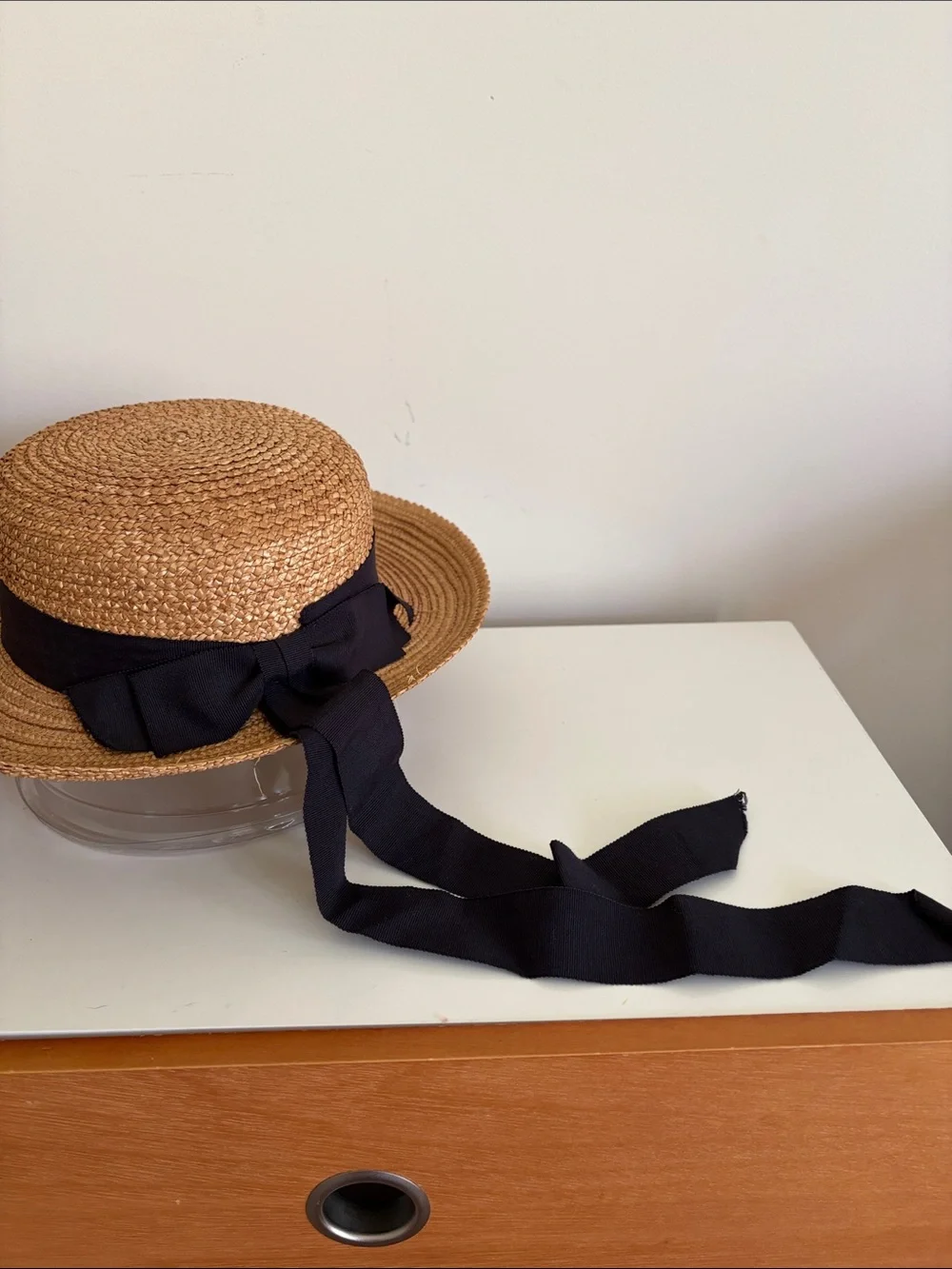 Vintage Girl’s Straw Boater Hat with Black Ribbon